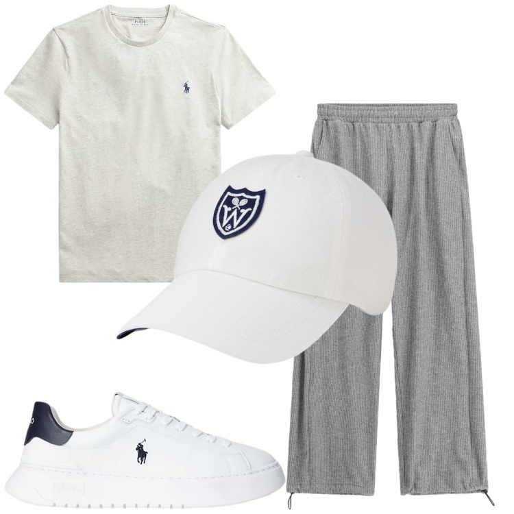 Outfit uomo - Sporty. Stile Casual per Tutti i giorni. Abbinamento con pantaloni, t-shirt, sneakers, cappelli con visiera.