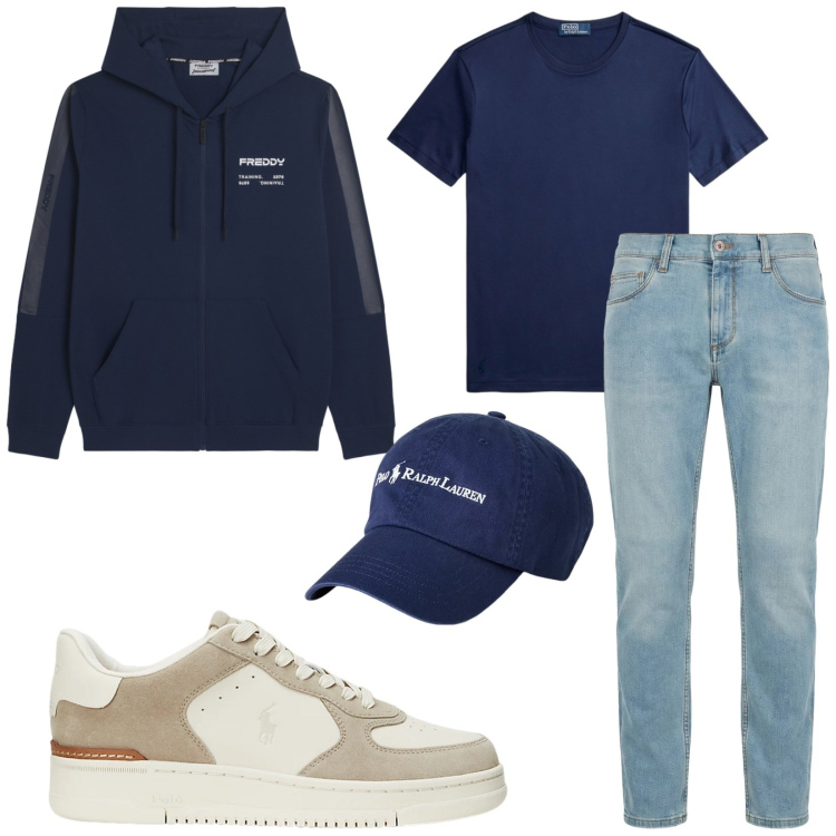 Outfit uomo - Total look #2417729. Stile Casual per Tutti i giorni. Abbinamento con jeans slim fit, felpe con cappuccio, sneakers, cappelli, t-shirt.