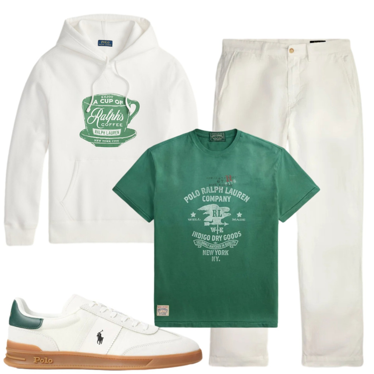 Outfit uomo - Ralph. Stile Casual per Tutti i giorni. Abbinamento con t-shirt, pantaloni, felpe con cappuccio, sneakers.