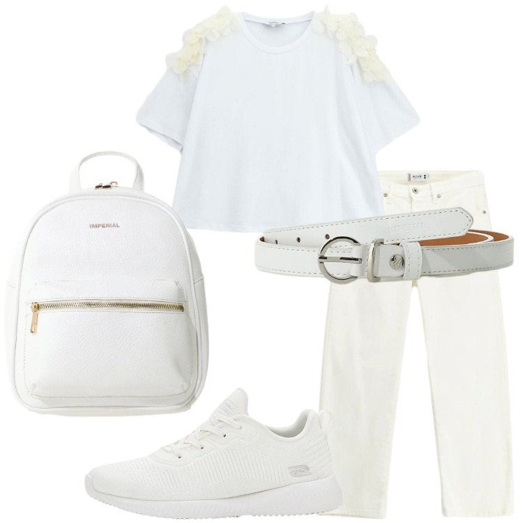 Outfit donna - Total white di giugno. Stile Casual per Tutti i giorni. Abbinamento con sneakers, zaini, cinture, pantaloni, t-shirt.