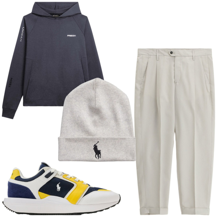 Outfit uomo - Total look #2417742. Stile Casual per Sport. Abbinamento con pantaloni, felpe con cappuccio, sneakers, berretti.