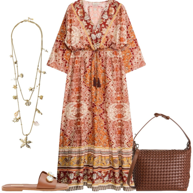 Outfit donna - Total look #2417743. Stile Boho per Tutti i giorni. Abbinamento con vestiti lunghi, sandali gioiello, collane, borse a spalla.