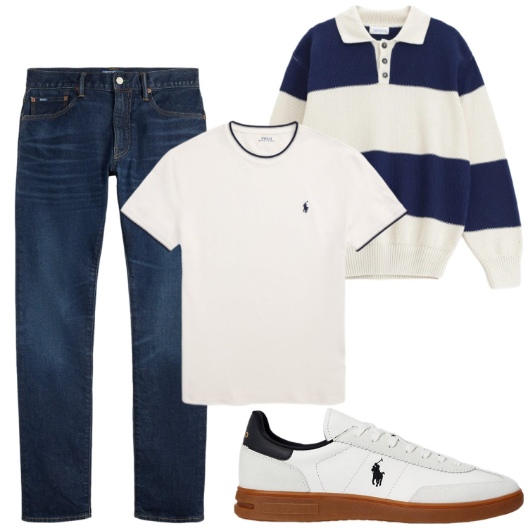 Outfit uomo - Sera al mare. Stile Casual per Mare. Abbinamento con sneakers, jeans, t-shirt, maglieria.