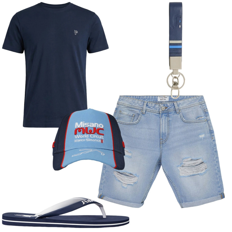 Outfit uomo - Weekend. Stile Casual per Tutti i giorni. Abbinamento con portachiavi, t-shirt, bermuda, cappelli, sandali.