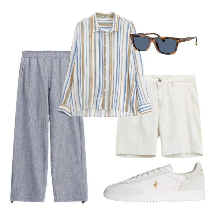 Outfit uomo - Doppia proposta e sneakers bianche. Stile Urban per Tutti i giorni. Abbinamento con camicie, pantaloni, bermuda, sneakers, occhiali da sole.
