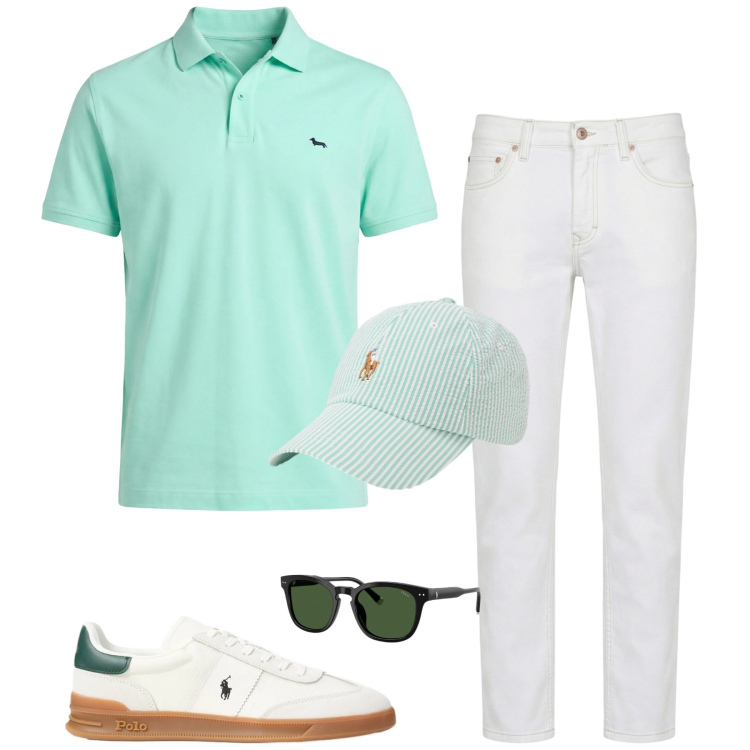 Outfit uomo - Giugno. Stile Casual per Tutti i giorni. Abbinamento con jeans, polo, sneakers, occhiali da sole, cappelli con visiera.