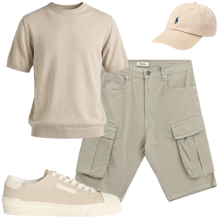 Outfit uomo - City. Stile Casual per Tutti i giorni. Abbinamento con sneakers, t-shirt, cappelli con visiera, bermuda.