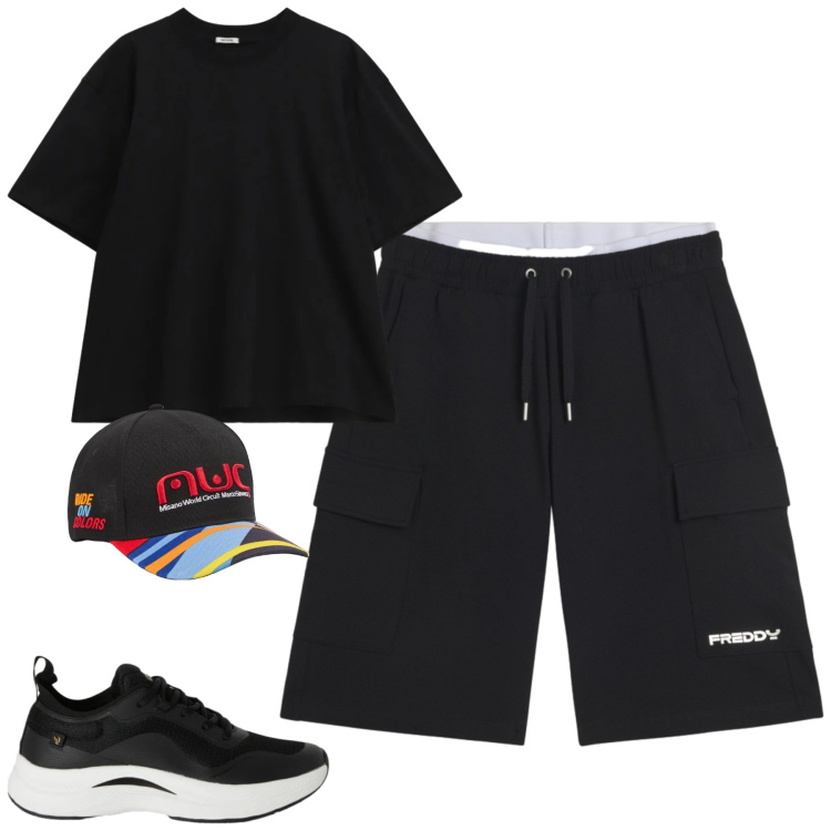 Outfit uomo - Total look #2417757. Stile Casual per Tutti i giorni. Abbinamento con cappelli con visiera, t-shirt, sneakers, bermuda.