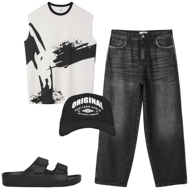 Outfit uomo - Total look #2417758. Stile Casual per Tutti i giorni. Abbinamento con cappelli con visiera, jeans, sandali, t-shirt.