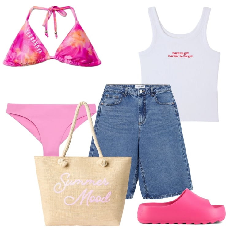 Outfit donna - Beach mood. Stile Casual per Mare. Abbinamento con bermuda, borse tote, bikini, canottiere, bikini, ciabatte.