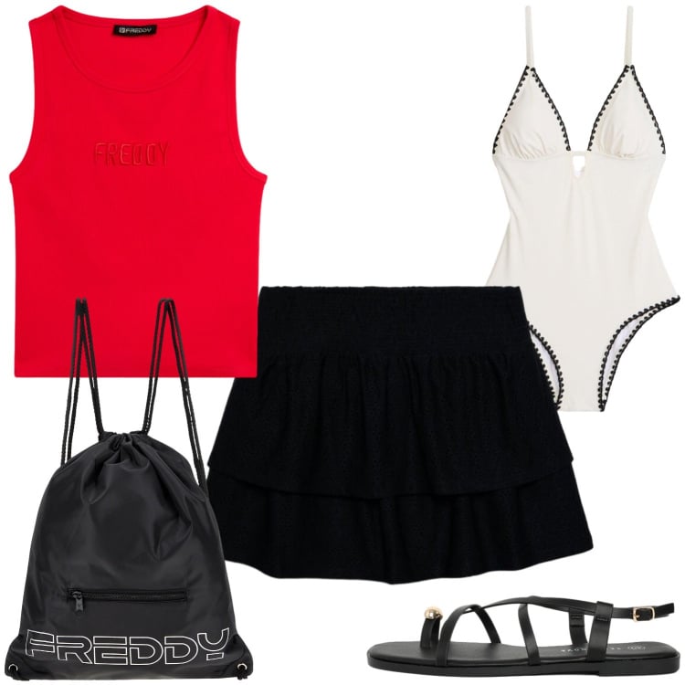Outfit donna - Al mare. Stile Minimal per Mare. Abbinamento con costumi interi, sandali, minigonne, zaini, top.