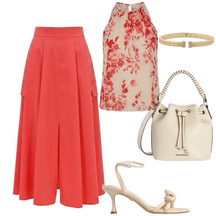 Outfit donna - City. Stile Urban per Tutti i giorni. Abbinamento con sandali in pelle, gonne lunghe, canottiere, borse a secchiello, braccialetti.