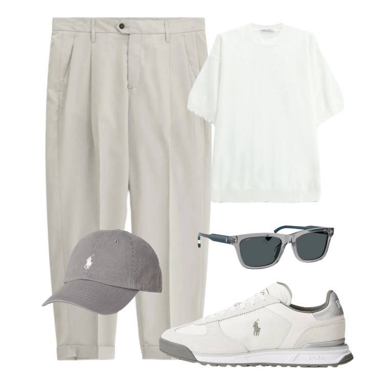 Outfit uomo - White & grey. Stile Urban per Tutti i giorni. Abbinamento con t-shirt, pantaloni, sneakers, occhiali da sole, cappelli con visiera.