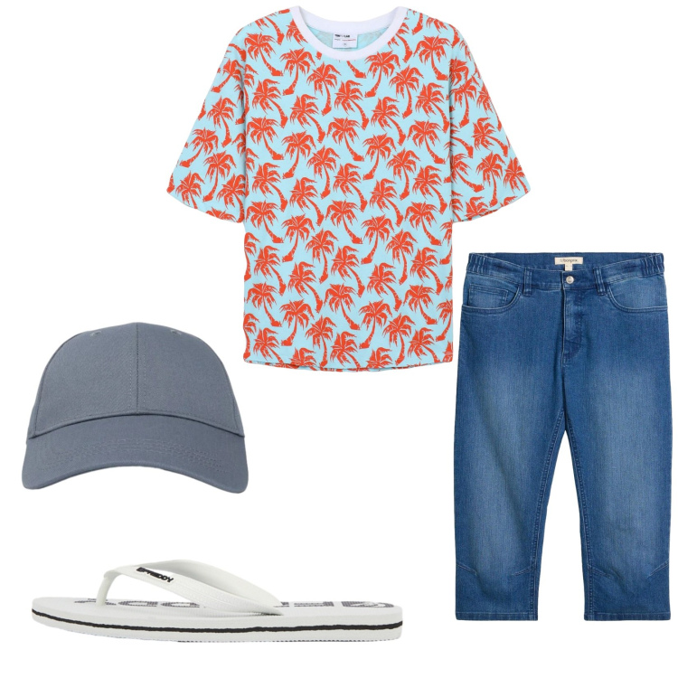 Outfit uomo - Total look #2417770. Stile Trendy per Mare. Abbinamento con jeans slim fit, t-shirt, cappelli con visiera, sandali.