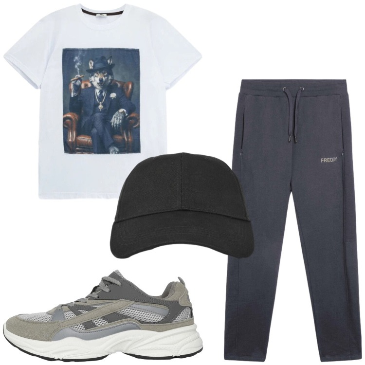 Outfit uomo - Total look #2417771. Stile Casual per Sport. Abbinamento con sneakers, cappelli con visiera, t-shirt, pantaloni.