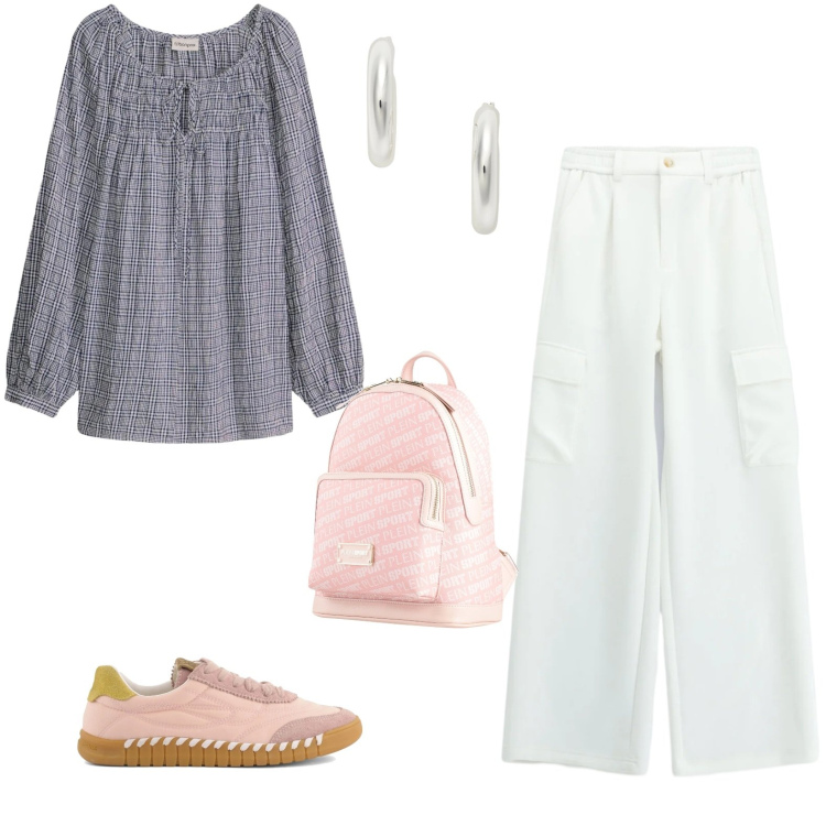 Outfit donna - Turista in città. Stile Casual per Tutti i giorni. Abbinamento con zaini, bluse, pantaloni cargo, orecchini, sneakers.