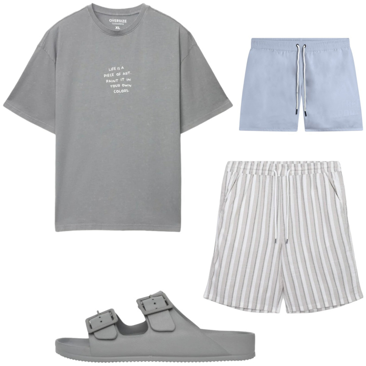 Outfit uomo - Total look #2417774. Stile Trendy per Mare. Abbinamento con pantaloni corti, t-shirt, sandali, costumi.