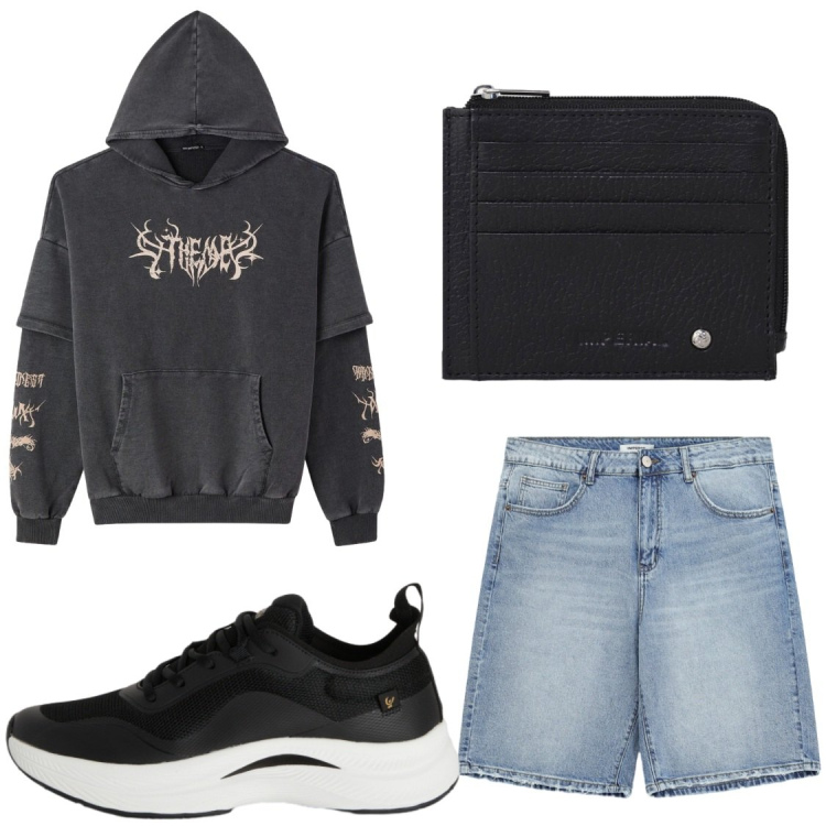 Outfit uomo - Black. Stile Casual per Tutti i giorni. Abbinamento con felpe con cappuccio, portafogli, bermuda, sneakers.