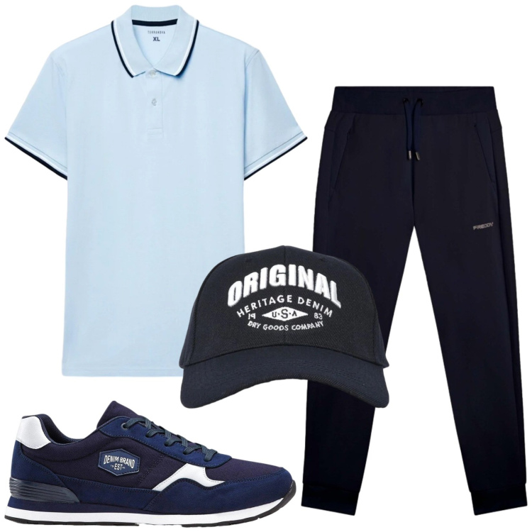 Outfit uomo - Total look #2417776. Stile Trendy per Sport. Abbinamento con sneakers, cappelli con visiera, polo, pantaloni.