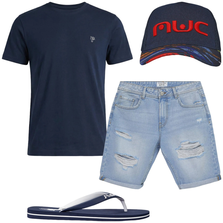 Outfit uomo - Total look #2417793. Stile Casual per Mare. Abbinamento con t-shirt, bermuda, cappelli con visiera, sandali.
