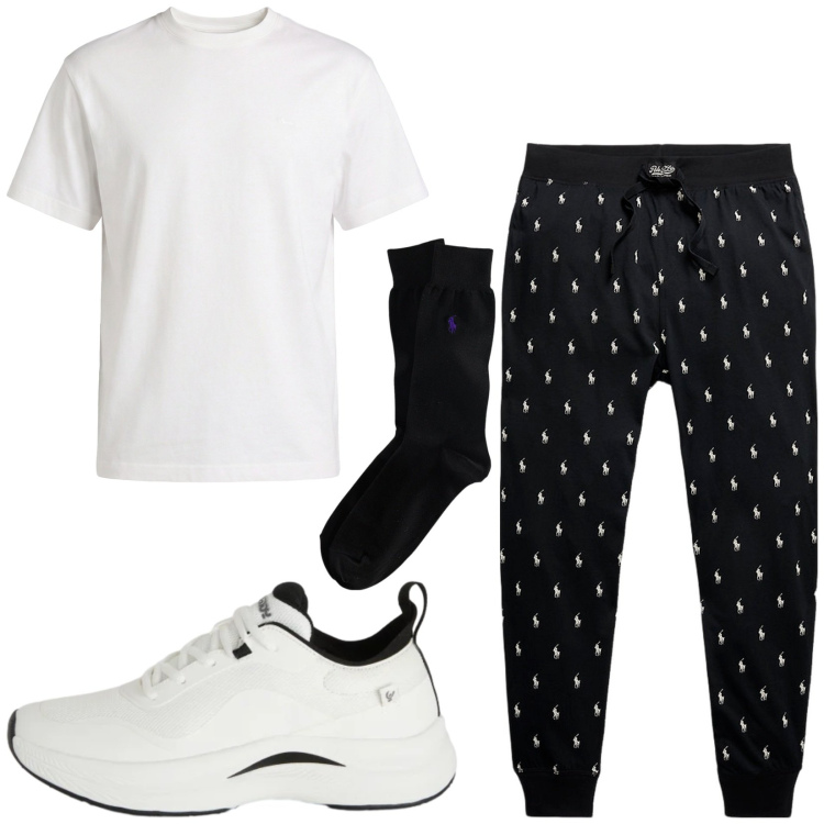 Outfit uomo - Total look #2417795. Stile Trendy per Sport. Abbinamento con t-shirt, sneakers, pantaloni, calzini.