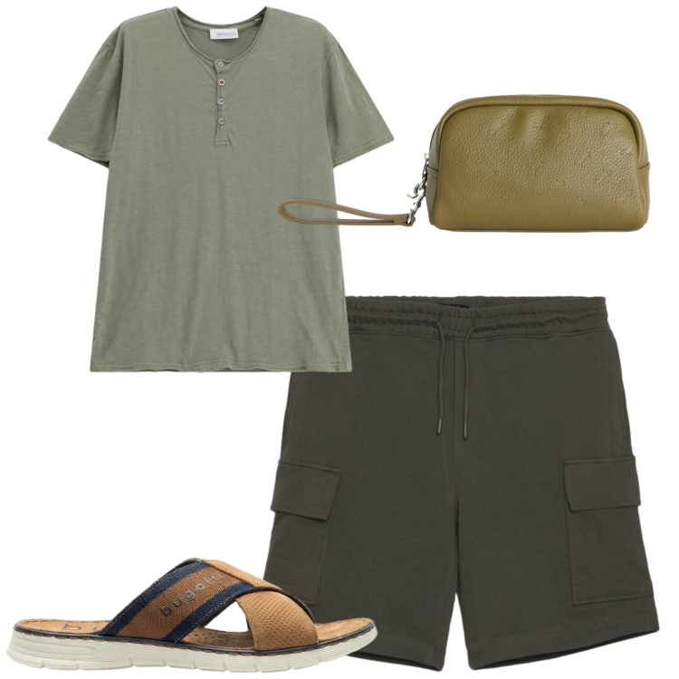 Outfit uomo - Total look #2417802. Stile Casual per Mare. Abbinamento con sandali, bermuda, t-shirt, borse sportive.