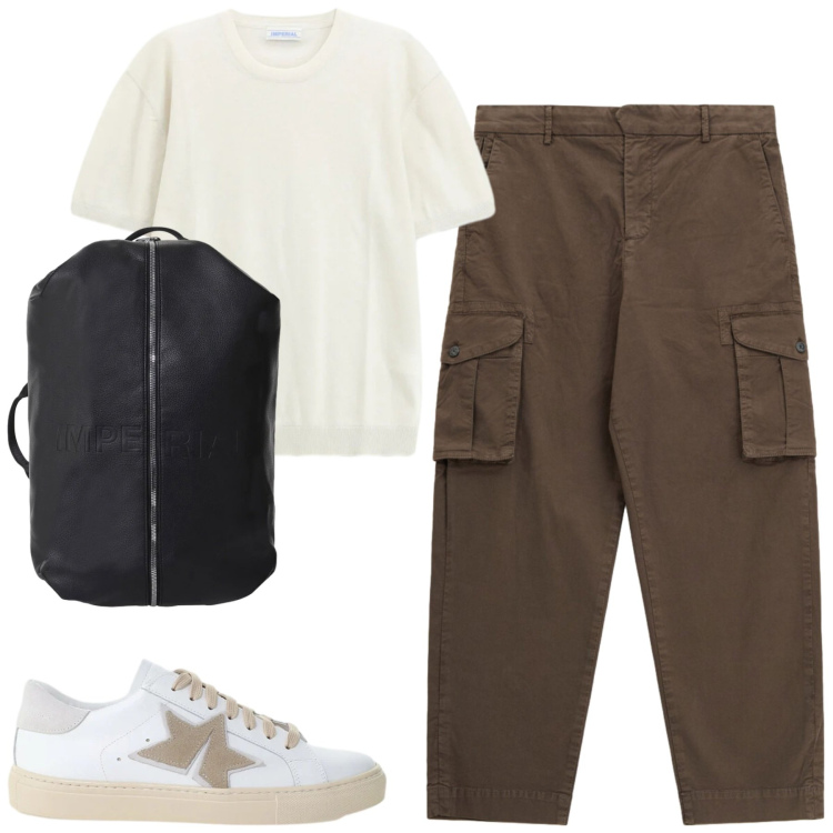 Outfit uomo - Weekend. Stile Casual per Tutti i giorni. Abbinamento con t-shirt, borse sportive, pantaloni cargo, sneakers.