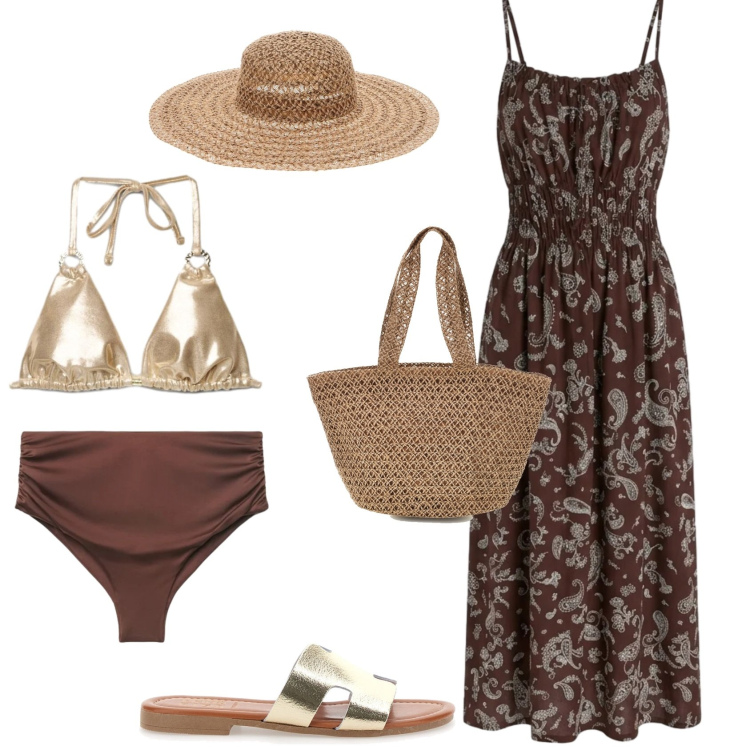Outfit donna - Casual chic in spiaggia. Stile Casual chic per Mare. Abbinamento con vestiti lunghi, bikini, bikini, borse a spalla, ciabatte, cappelli.