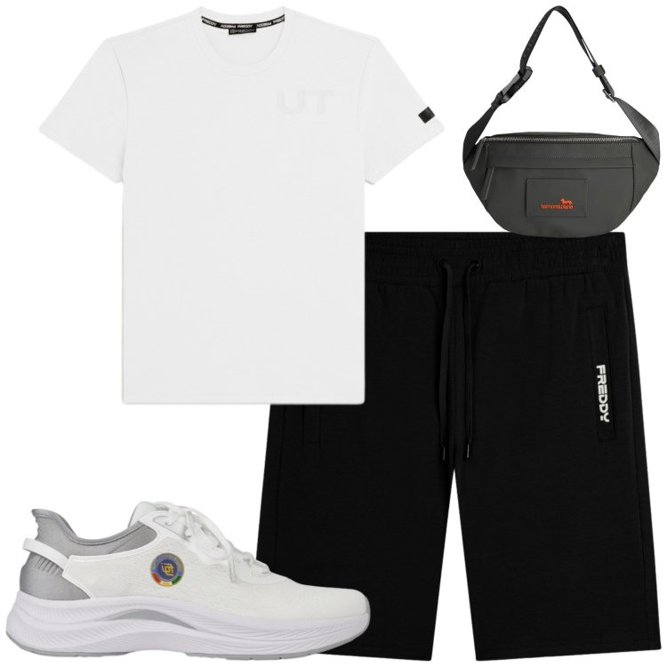 Outfit uomo - Sporty. Stile Casual per Tutti i giorni. Abbinamento con borse sportive, t-shirt, scarpe sportive, pantaloni corti.