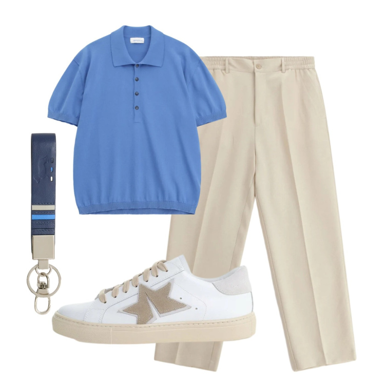 Outfit uomo - Polo spirito estivo. Stile Urban per Tutti i giorni. Abbinamento con pantaloni, polo, sneakers, portachiavi.