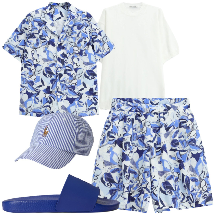 Outfit uomo - Al mare. Stile Trendy per Mare. Abbinamento con t-shirt, bermuda, camicie a manica corta, sandali, cappelli con visiera.