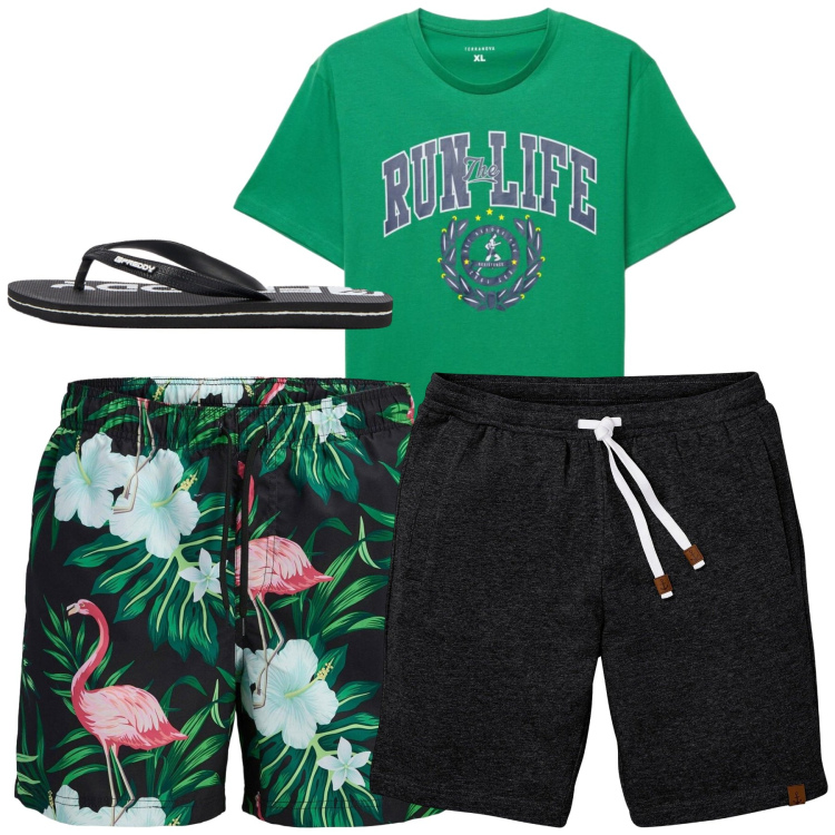 Outfit uomo - Al mare. Stile Casual per Mare. Abbinamento con bermuda, costumi, t-shirt, sandali.