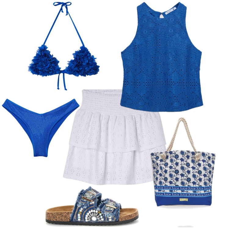 Outfit donna - Boho al mare. Stile Bon Ton per Mare. Abbinamento con top, minigonne, bikini, bikini, ciabatte, shopping bag.