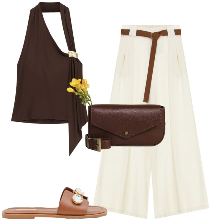 Outfit donna - Total look #2417839. Stile Chic per Tutti i giorni. Abbinamento con sandali gioiello, top, borse a tracolla, pantaloni a palazzo.