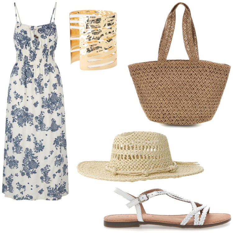 Outfit donna - Mediterranean look. Stile Trendy per Tutti i giorni. Abbinamento con vestiti lunghi, cappelli, braccialetti, sandali, borse a spalla.