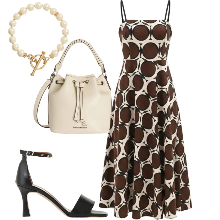 Outfit donna - Sandali protagonisti. Stile Chic per Tutti i giorni. Abbinamento con vestiti midi/longuette, sandali col tacco, borse a secchiello, collane.