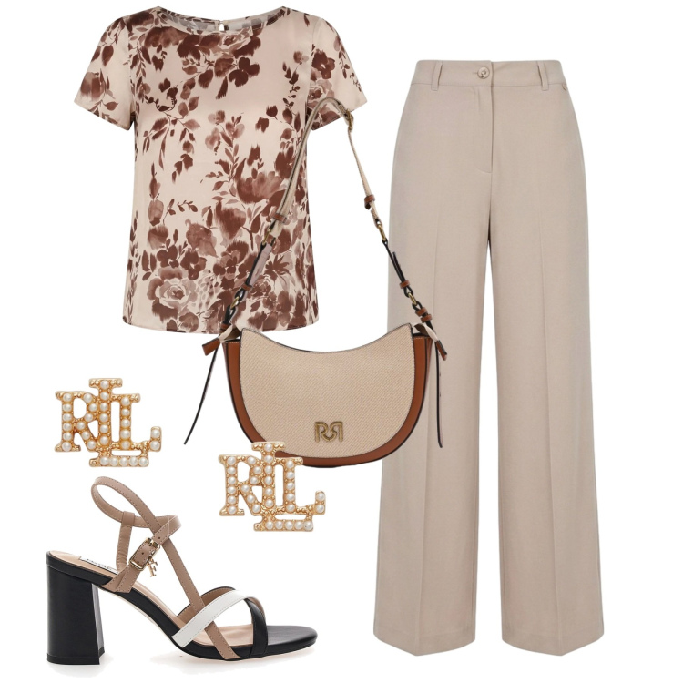 Outfit donna - Eleganza protagonista. Stile Chic per Tutti i giorni. Abbinamento con borse a tracolla, bluse, pantaloni a palazzo, orecchini, sandali col tacco.