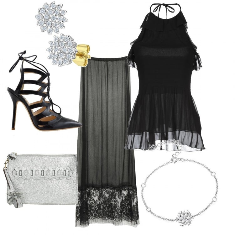 Outfit donna - La notte delle statue d oro. Stile Sexy per Serata fuori. Abbinamento con gonna lunga a trapezio con pizzo in seta crêpe, top, pochette, orecchini a perno in oro giallo certificato autenticità, ciondolo, décolleté effetto vernice con lacci.