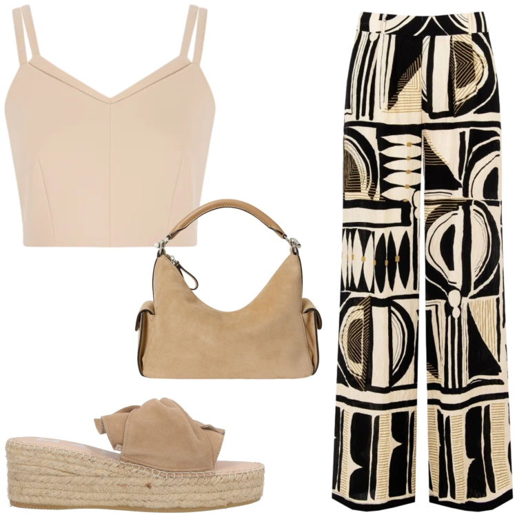 Outfit donna - Geometrie sofisticate. Stile Casual chic per Tutti i giorni. Abbinamento con espadrillas, top, pantaloni a palazzo, borse a spalla.