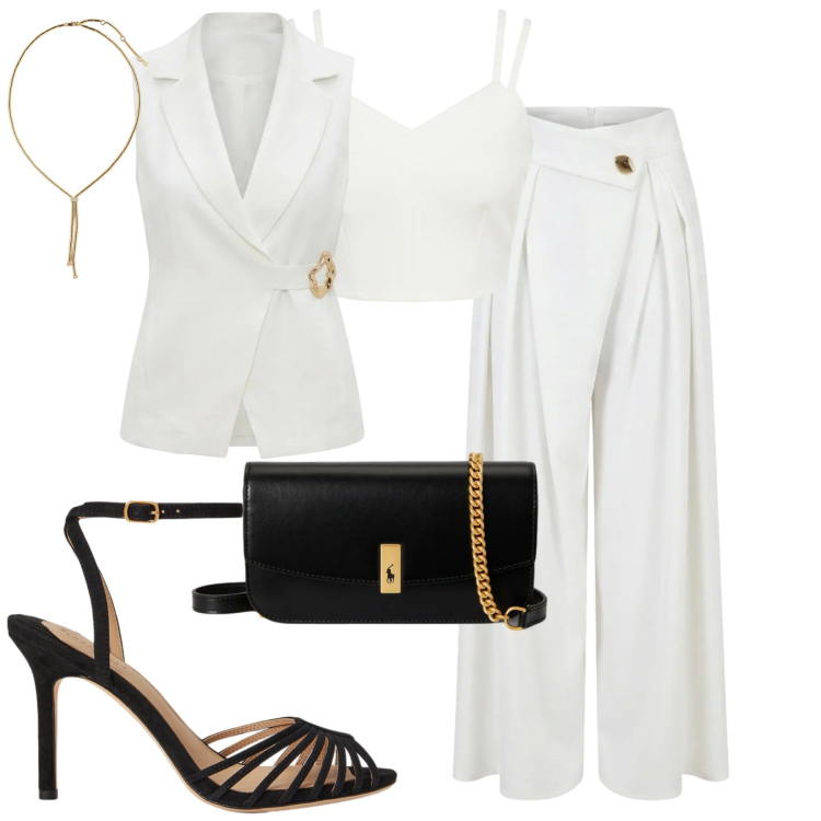 Outfit donna - Eleganza protagonista white. Stile Chic per Tutti i giorni. Abbinamento con top, gilet, pantaloni a palazzo, clutch, sandali col tacco, collane.