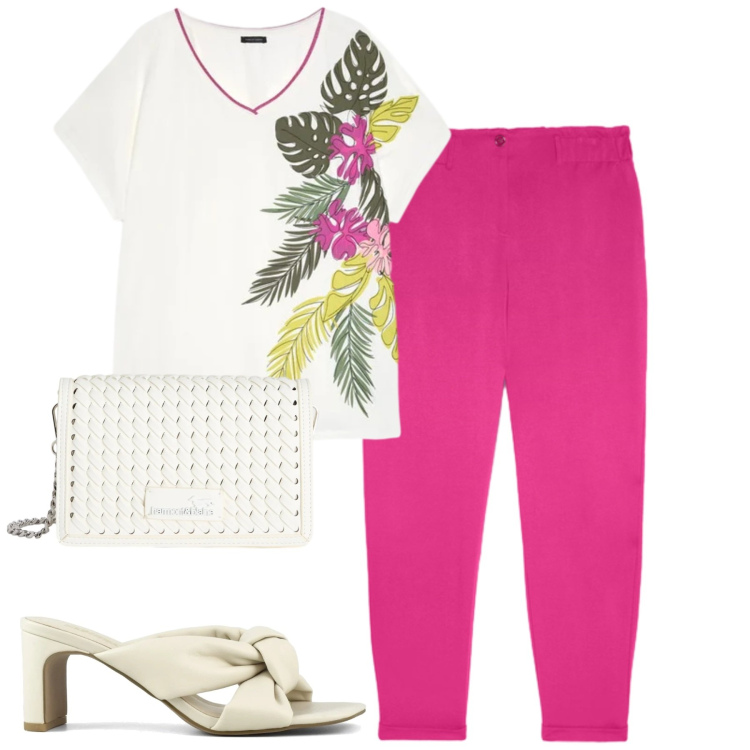 Outfit donna - Fiorella Rubino. Stile Urban per Tutti i giorni. Abbinamento con borse a tracolla, pantaloni, t-shirt, sandali col tacco.