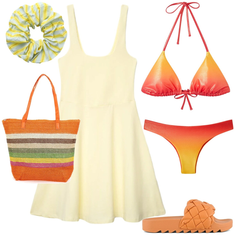 Outfit donna - Beach. Stile Casual per Mare. Abbinamento con bikini, bikini, vestiti corti, accessori per capelli, shopping bag, ciabatte.