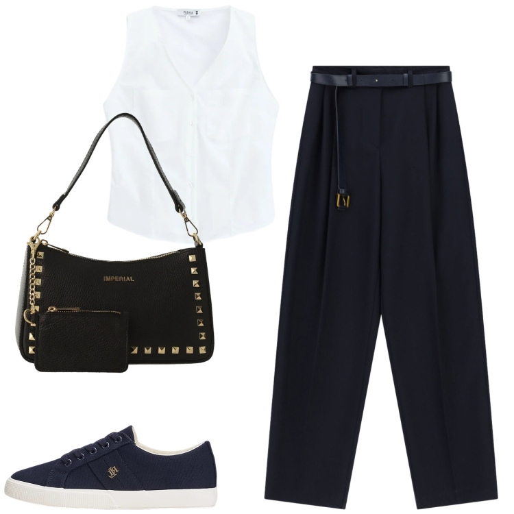 Outfit donna - B&w. Stile Casual chic per Tutti i giorni. Abbinamento con pantaloni a palazzo, borse a spalla, camicie, sneakers.