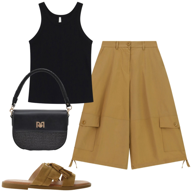 Outfit donna - City. Stile Casual chic per Tutti i giorni. Abbinamento con pantaloni a palazzo, sandali, top, borse a spalla.