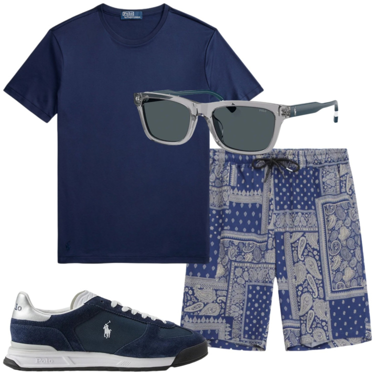 Outfit uomo - Total look #2417885. Stile Casual per Mare. Abbinamento con occhiali da sole, sneakers, t-shirt, bermuda.