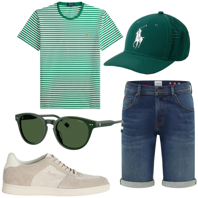 Outfit uomo - Total look #2417887. Stile Casual per Tutti i giorni. Abbinamento con bermuda, sneakers, cappelli, t-shirt, occhiali da sole.