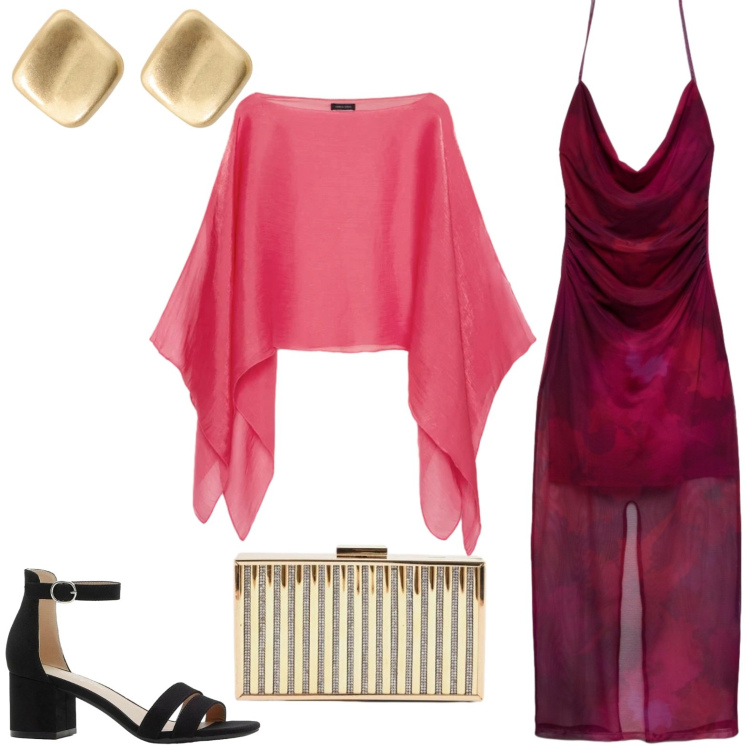 Outfit donna - Elegante. Stile Casual chic per Serata fuori. Abbinamento con sandali col tacco, vestiti lunghi, orecchini, clutch, blazer.
