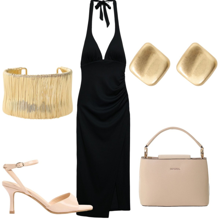 Outfit donna - Total look #2417889. Stile Chic per Serata fuori. Abbinamento con sandali col tacco, vestiti midi/longuette, borse a secchiello, orecchini, braccialetti.