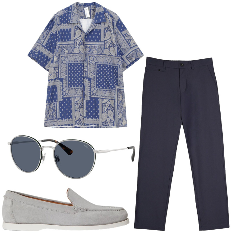 Outfit uomo - Total look #2417891. Stile Trendy per Tutti i giorni. Abbinamento con camicie a manica corta, occhiali da sole, scarpe stringate, pantaloni chino.