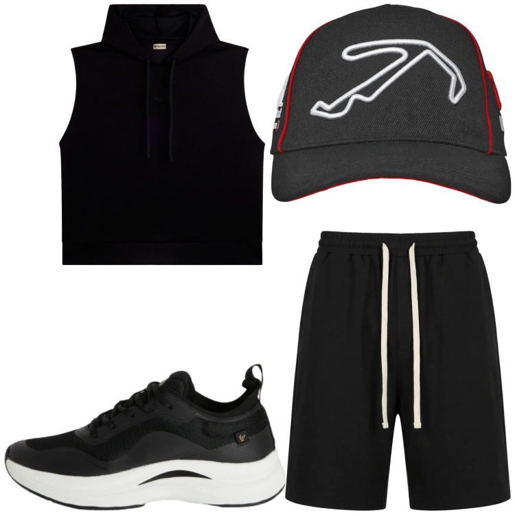 Outfit uomo - Total look #2417897. Stile Trendy per Sport. Abbinamento con cappelli con visiera, pantaloni corti, sneakers, felpe con cappuccio.